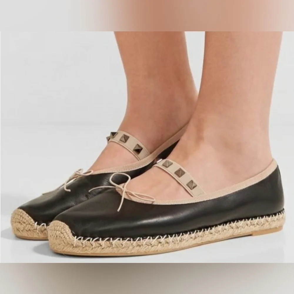 Valentino Garavani Black rockstud leather ballerina flat espadrilles  Size 39